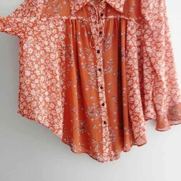Free People Serena Orange Floral Button Up Semi Sheer Blouse Oversize XS - Picture 6 of 13